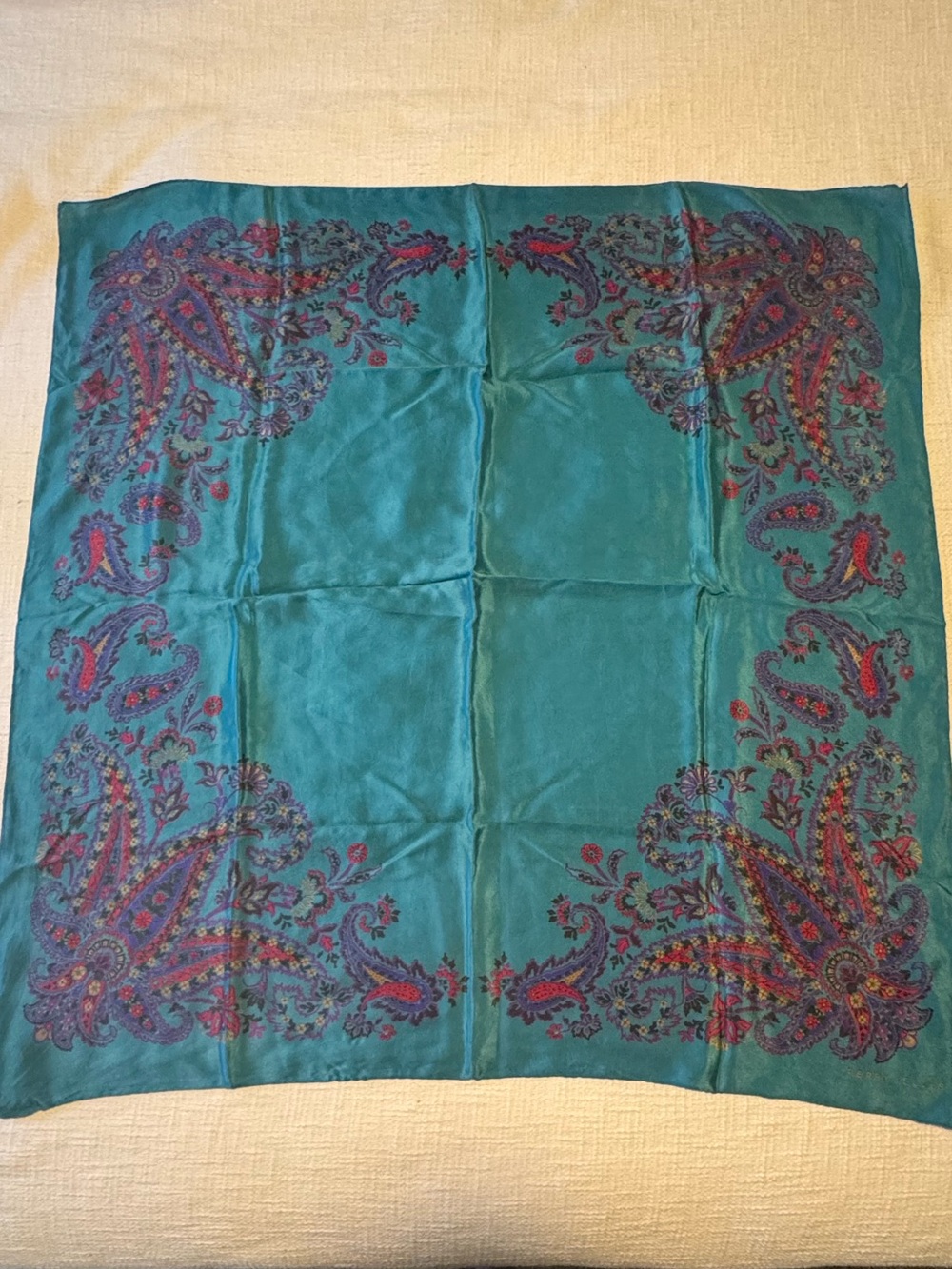 Vintage Perry Ellis Teal Paisley Silk Scarf - Picture 4 of 6